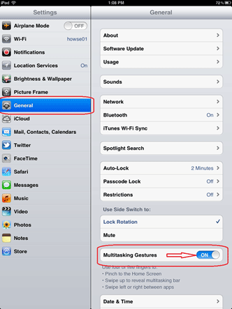 iOS Settings, General Settings, Multitasking Gestures